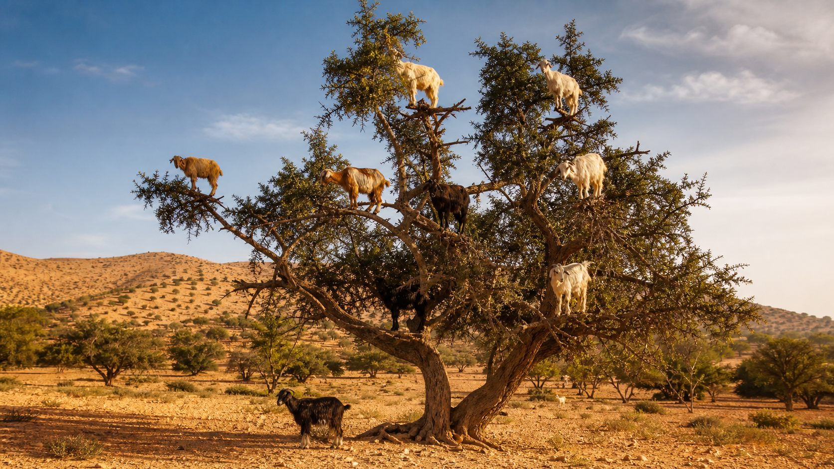 Chèvres dans un arganier au Maroc, paysage d’origine de l’huile d’argan