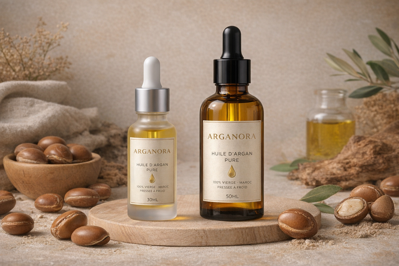 Huile d’argan Arganora : flacons 30 ml et 50 ml