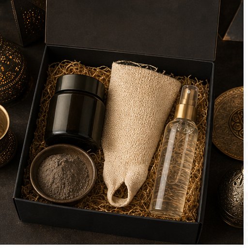 Coffret hammam marocain avec savon noir, gant kessa, ghassoul et eau de rose