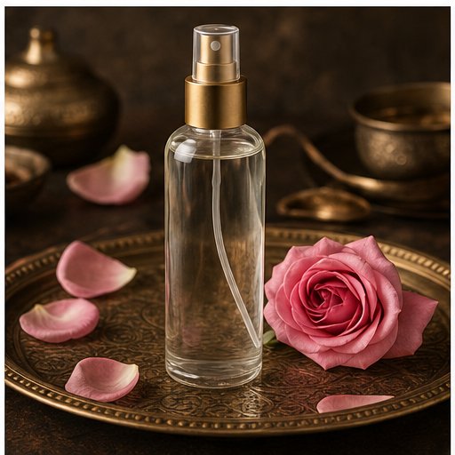 Eau de rose en flacon avec pétales de rose